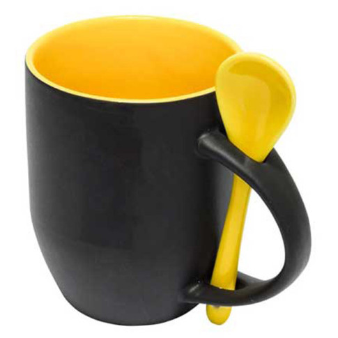 Caneca Cer. 325ml  Preta Magica C/ Colher Interna Amarelo P/ Sublimaçao